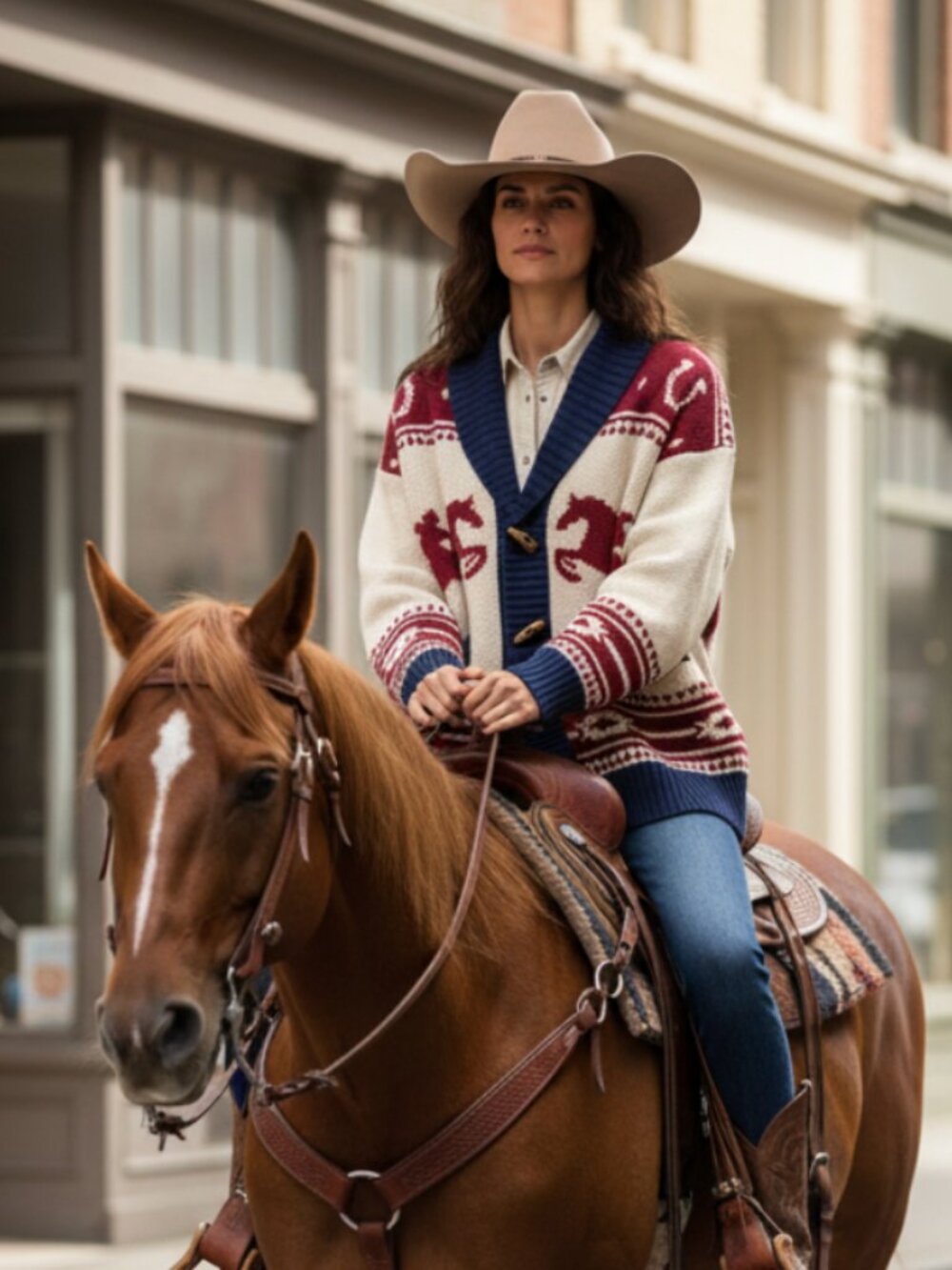 NWOT Altar'd State Bonnie Horse Knit Cream Navy Shawl Collar Cardigan Western